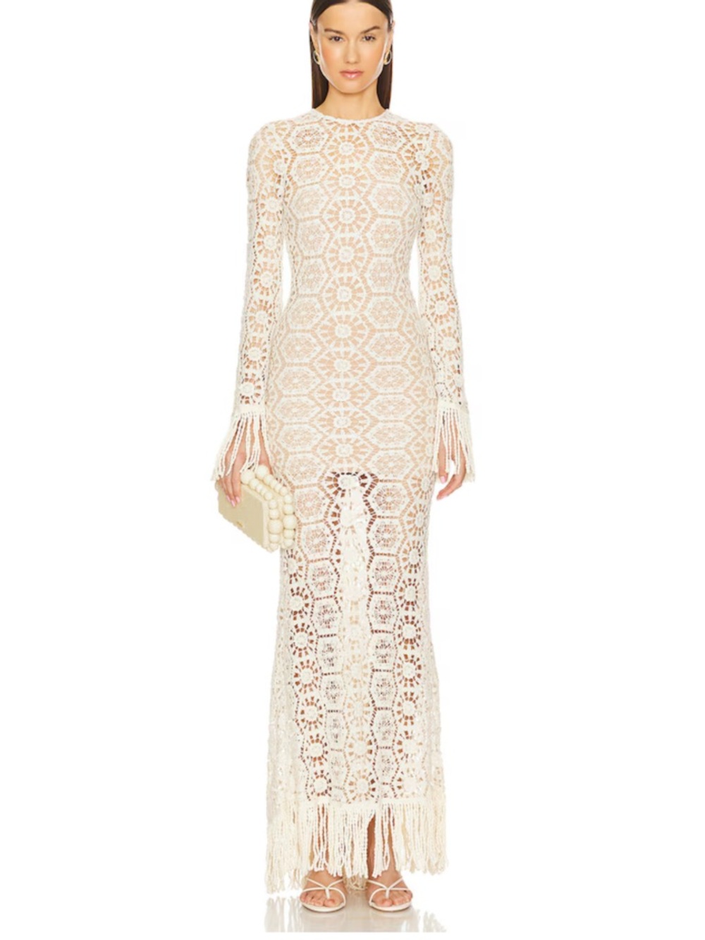 Bronx and Banco Ivory Crochet Long Sleeve Fringe Maxi Dress